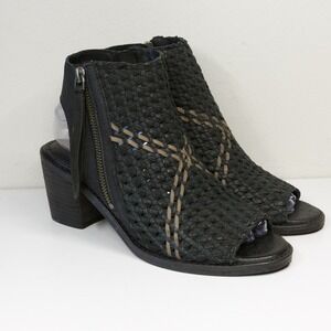 SAM EDELMAN Cooper Woven Open Toe Ankle Booties Block Heel Zip Black Tan Sz 7.5‎
